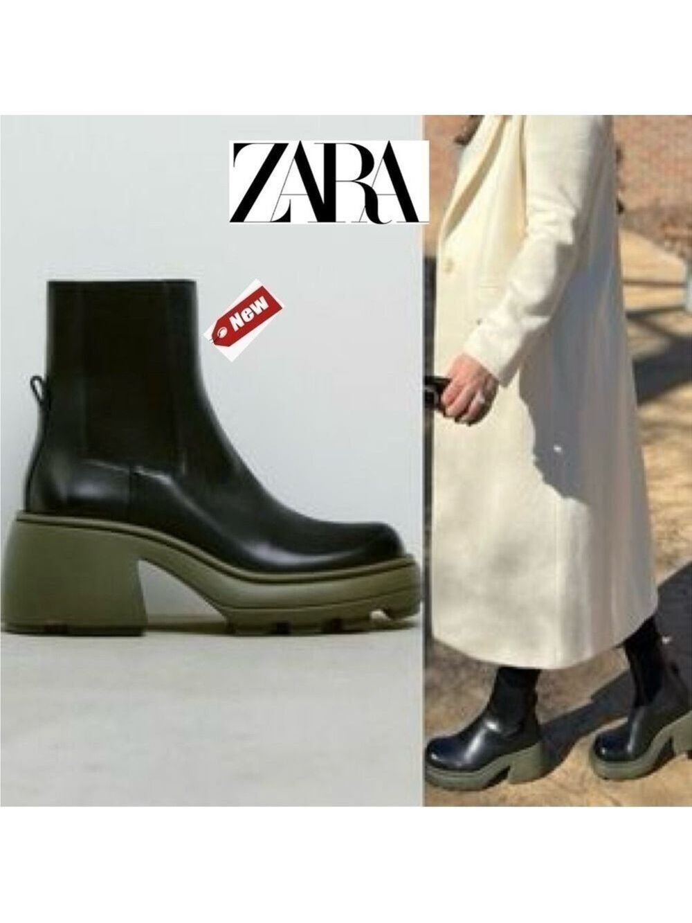 Zara black olive green khaki lug sole chunky ankle leather boots Sz 39 NWT